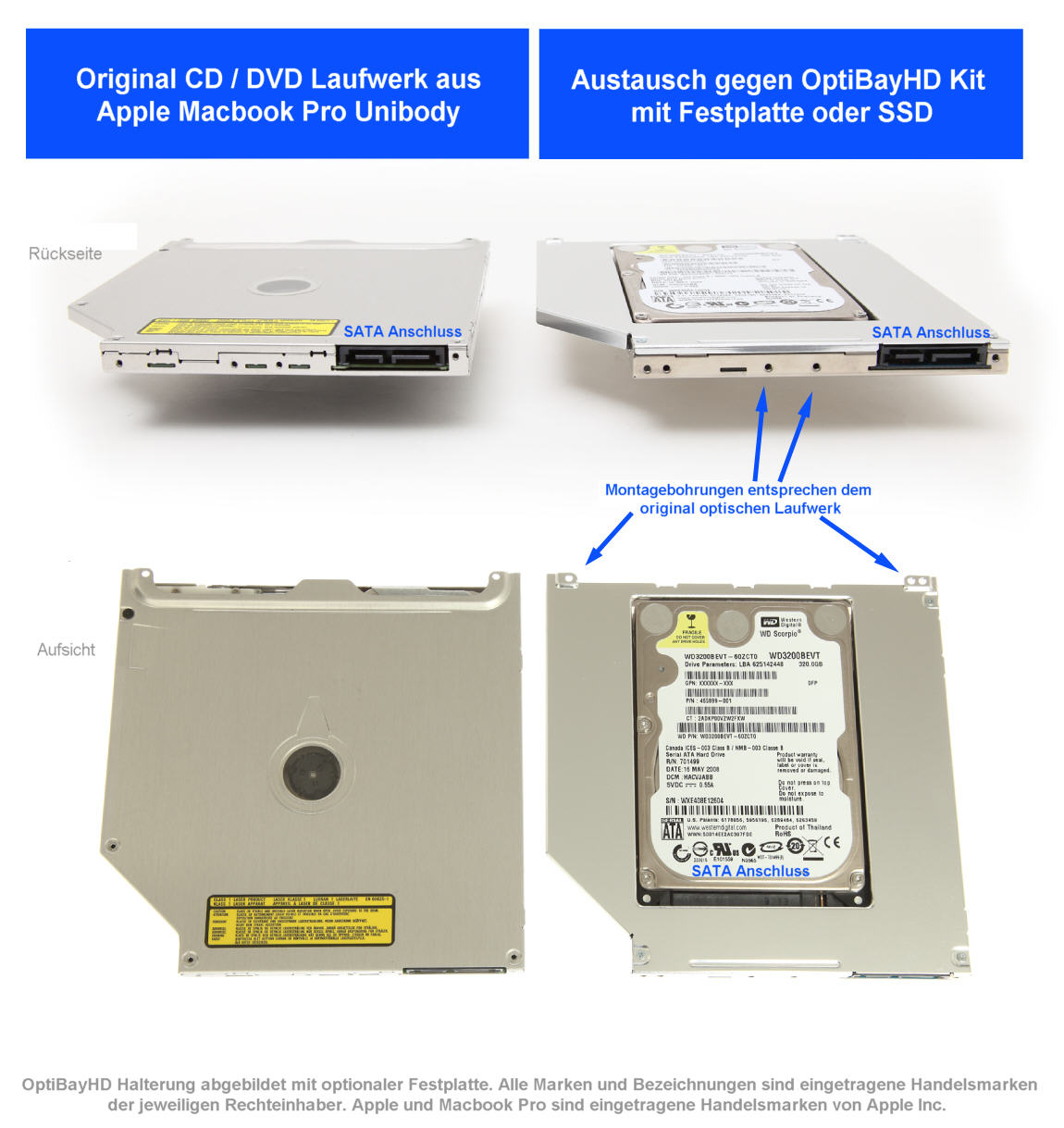OptiBayHD Notebook Einbaukit für zweite Festplatte oder SSD in APPLE M